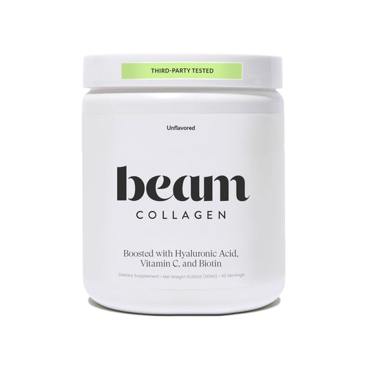 Beam Collagen Powder jar closeup showing smooth powder texture for daily beauty support