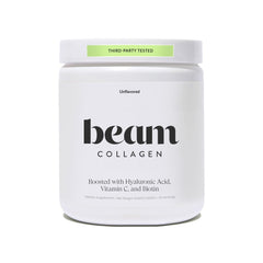 Beam Collagen Powder jar closeup showing smooth powder texture for daily beauty support