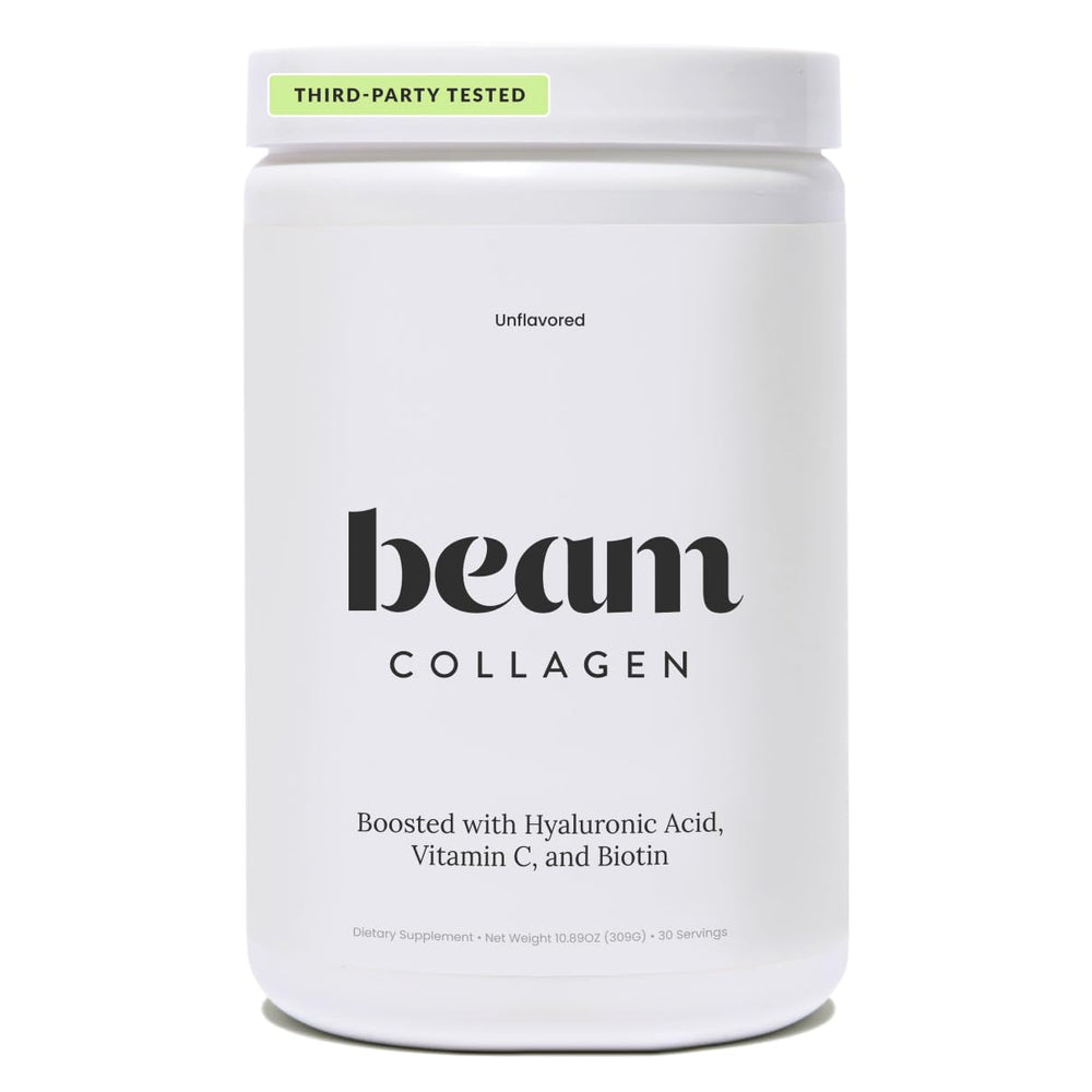 Beam Collagen Powder tub front, premium formula for women supporting healthy skin.