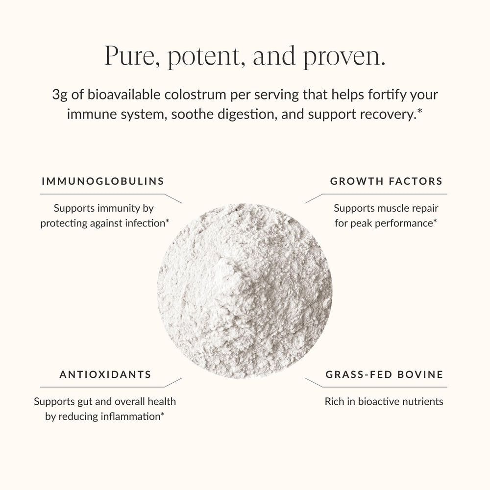 Beam Colostrum Powder glass shake: easy mix for gut-friendly daily routine.