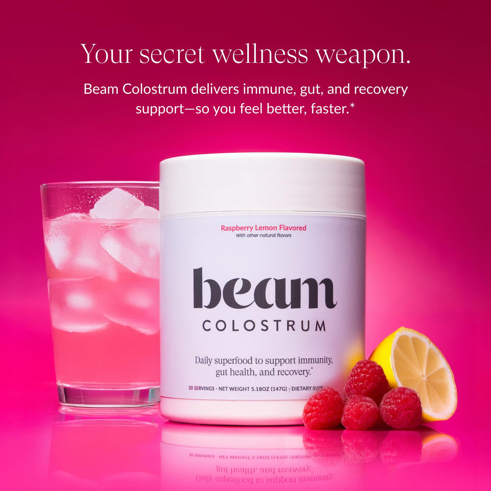 Beam Colostrum Powder scoop illustrating a 3g serving for consistent digestive health.