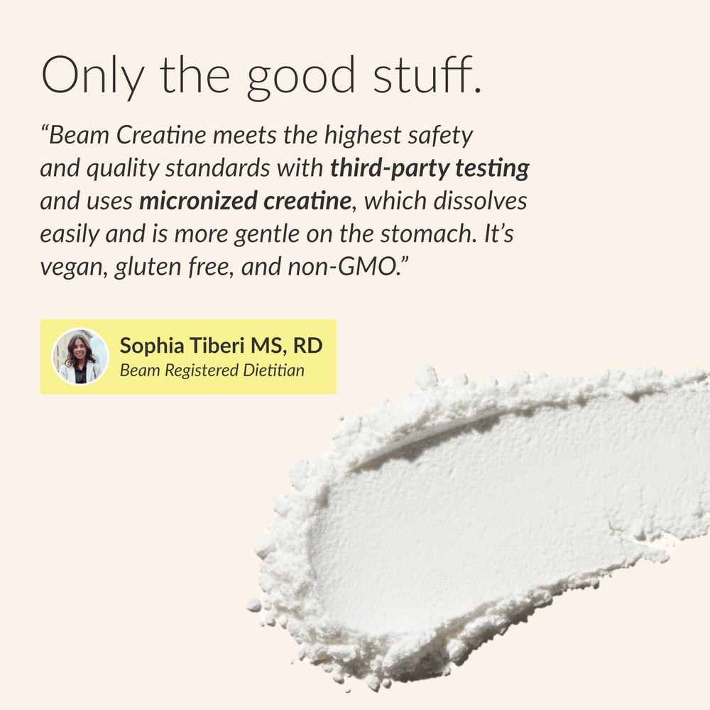 Beam Creatine 100 servings container signals long-lasting supply.