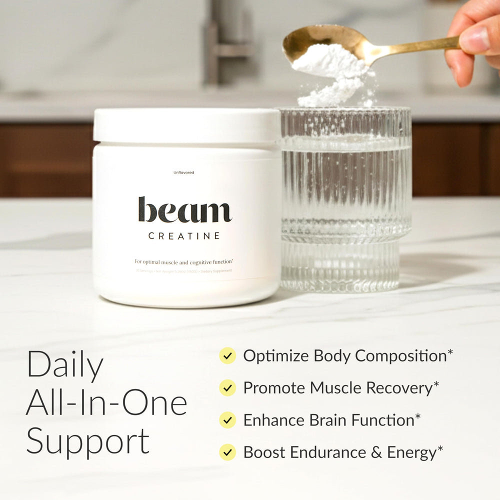 Beam Creatine powder with scoop demonstrates precise dosage for workouts.