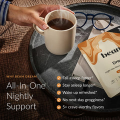 Beam Dream Sleep Powder label close-up highlighting vegan, non-GMO ingredients for sleep support.