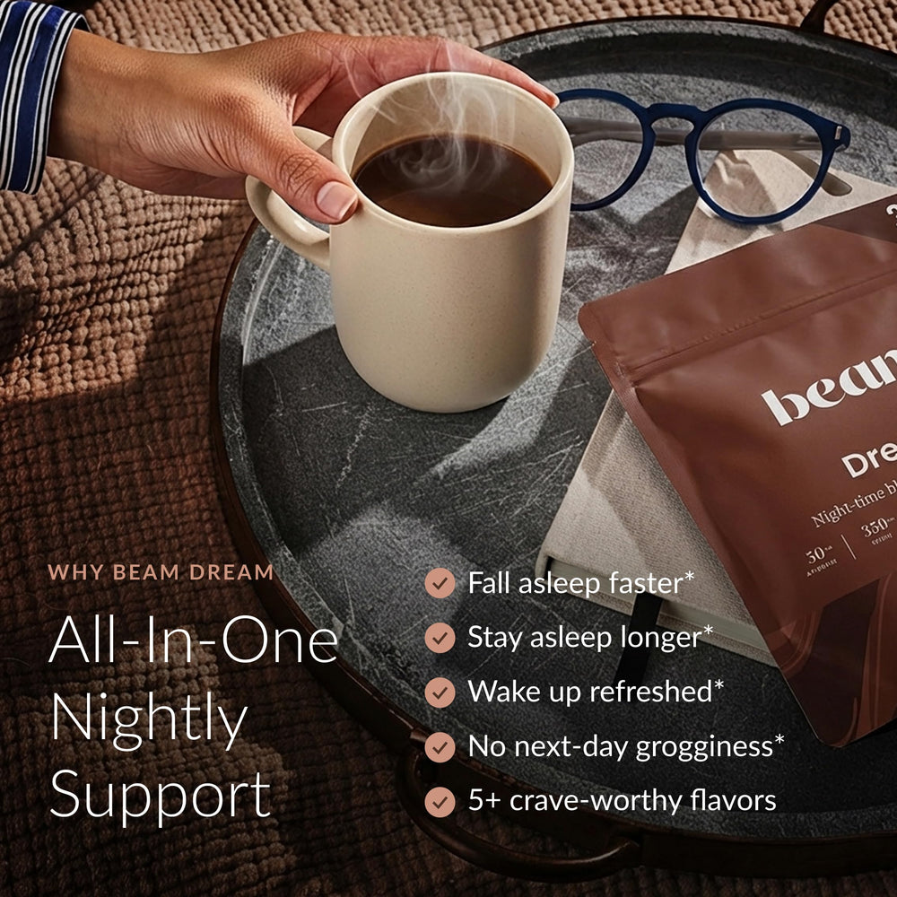 Beam Dream Sleep Powder being poured for a calm bedtime ritual.
