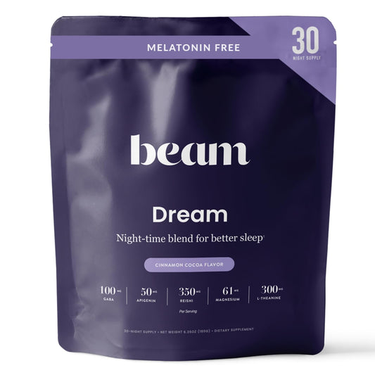 Beam Dream Sleep Powder tub shown, offering melatonin-free nightly relaxation.