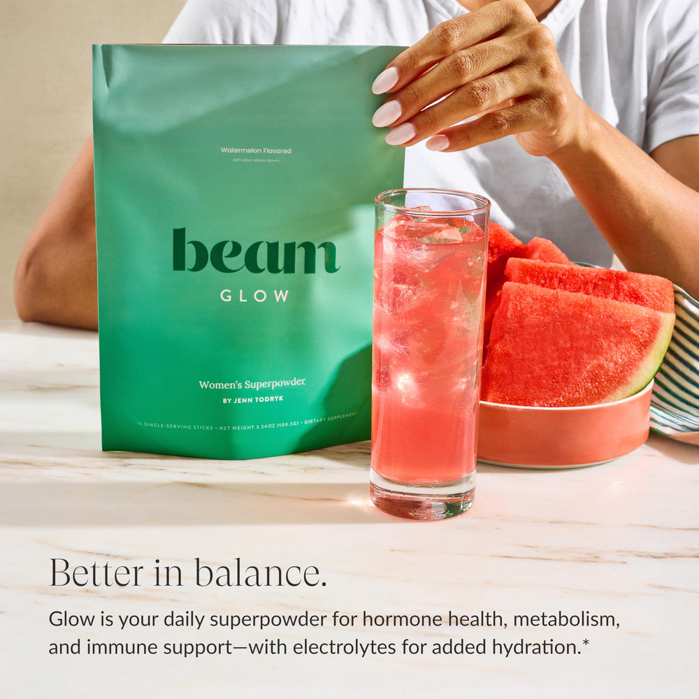 Beam Glow bottle closeup highlighting capsule texture for endocrine health support.