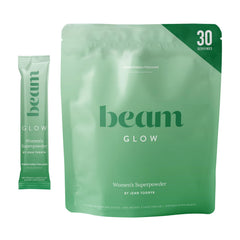 Beam Glow bottle front view showing daily hormone balance support for women.