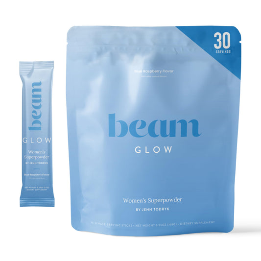 Beam Glow bottle front showing premium hormone balance packaging for daily support