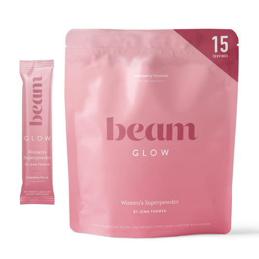 Beam Glow bottle label showing hormone balance ingredients for daily support.
