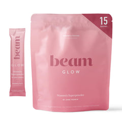 Beam Glow bottle label showing hormone balance ingredients for daily support.