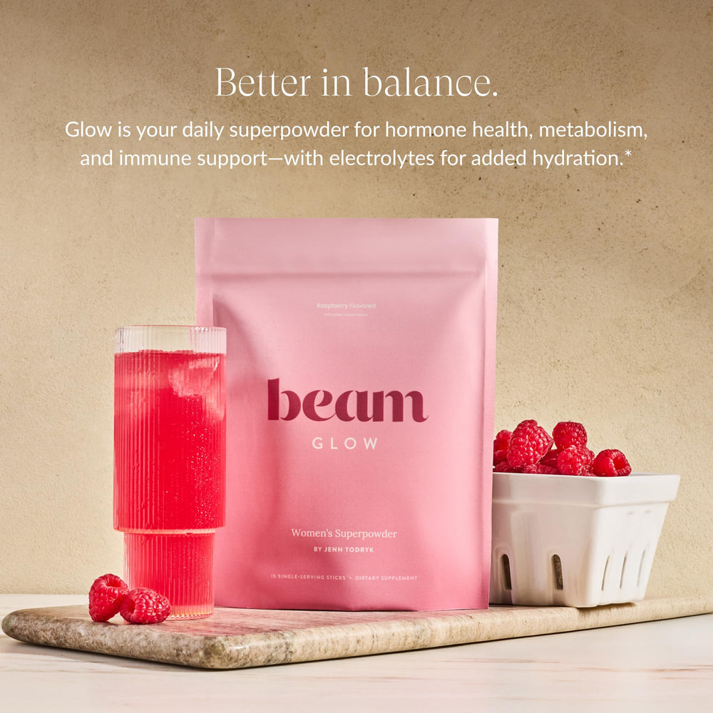 Beam Glow capsules closeup highlighting ashwagandha and essential nutrients for balance.