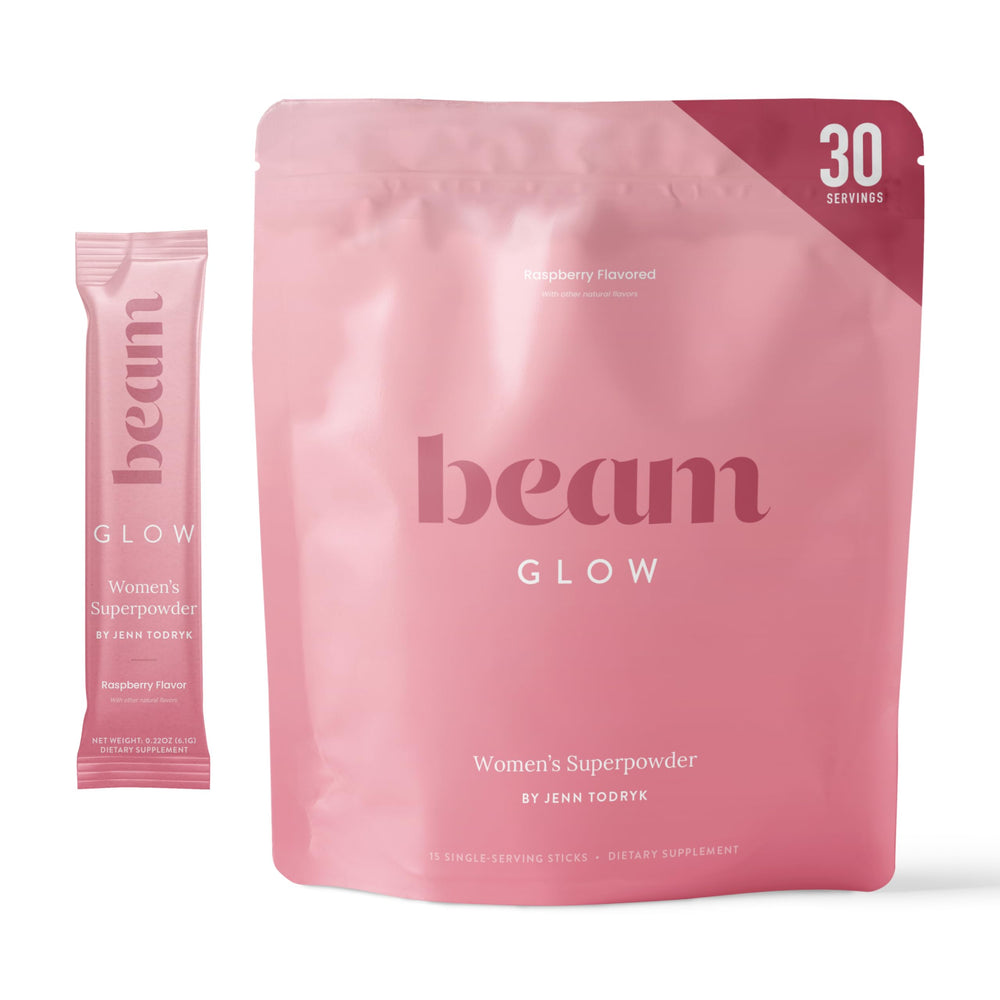 Beam Glow bottle on shelf demonstrates daily hormone balance support.