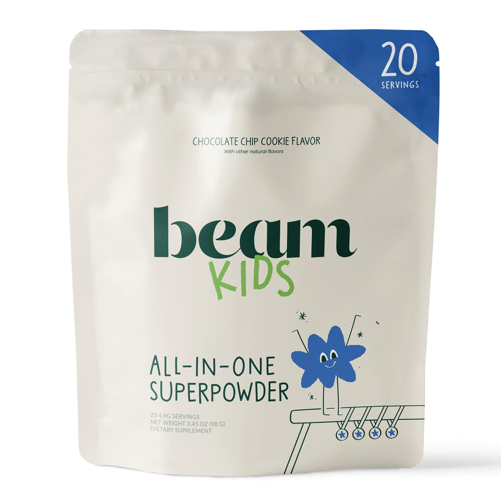 Beam Kids Multivitamin Powder bottle shows greens for daily nutrition.