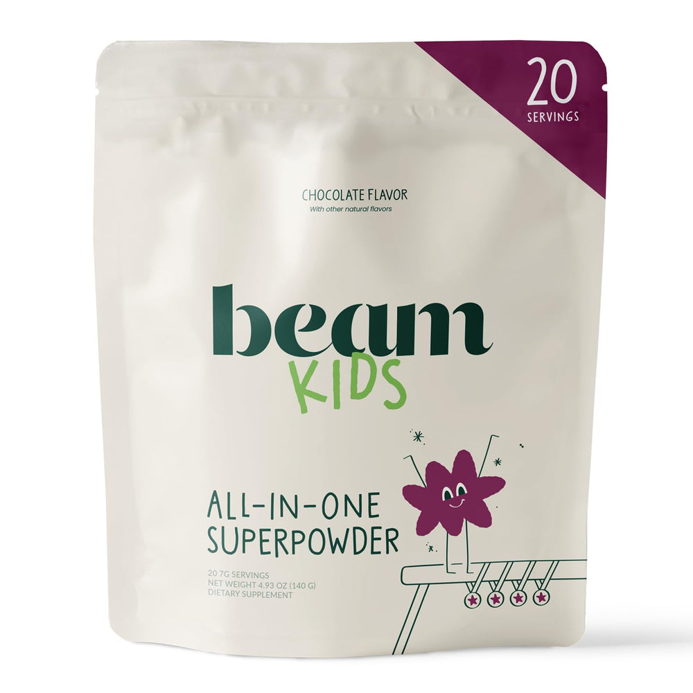 Beam Kids Multivitamin Powder packaging shows chocolate flavor for daily kid nutrition