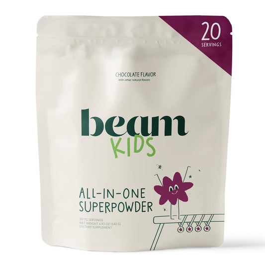 Beam Kids Multivitamin Powder packaging shows chocolate flavor for daily kid nutrition