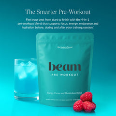 Beam Pre Workout blue raspberry powder poured into a shaker for hydration.