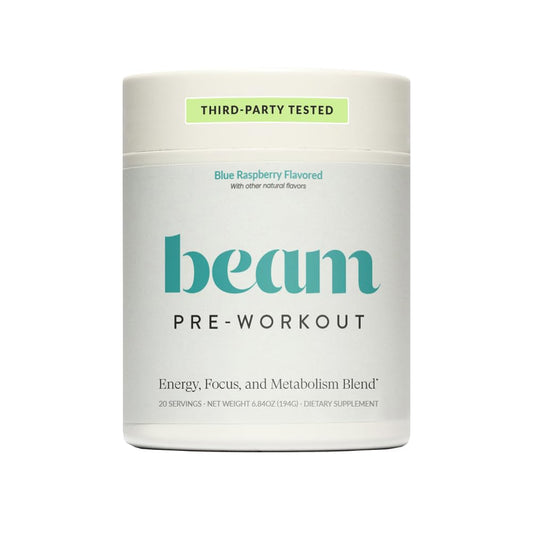 Beam Pre Workout blue raspberry tub showcases the product packaging for energizing workouts