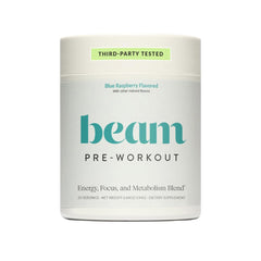 Beam Pre Workout blue raspberry tub showcases the product packaging for energizing workouts