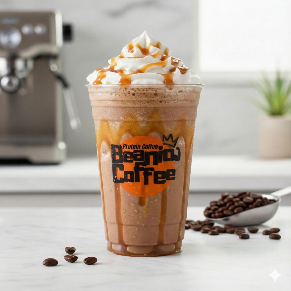 Beanio Caramel Protein Iced Coffee glass with ice highlights a dairy-free, keto-friendly refreshment.