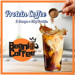 Beanio Caramel Protein Iced Coffee kitchen scene suggests versatile iced or hot beverages.