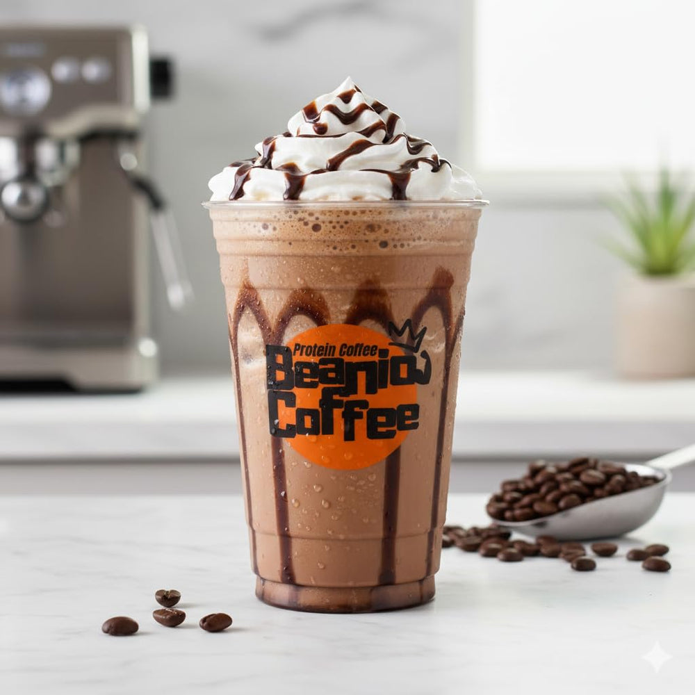 Beanio Protein Iced Coffee glass over ice highlights creamy, dairy-free texture.