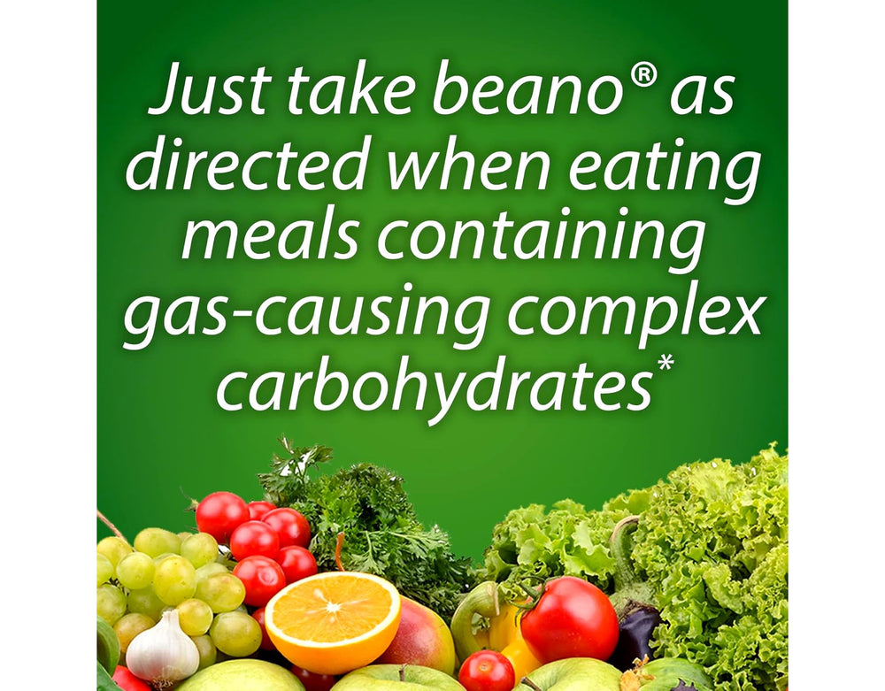 Beano bottle with cap off and tablets visible for quick serving.