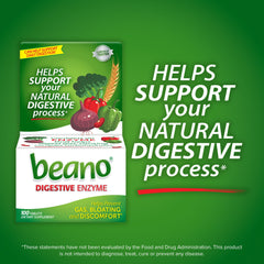 Beano Extra Strength tablets shown for use with meals to prevent gas.