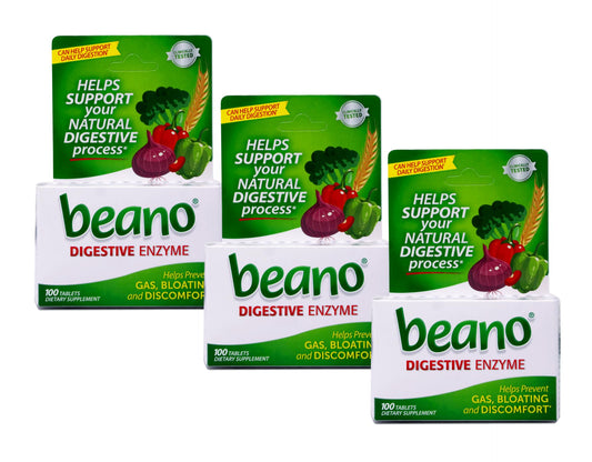 Beano Food Enzyme bottle close-up for digestion support during meals.