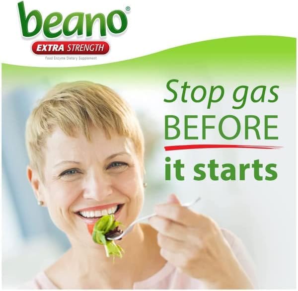 Beano packaging side view with benefit notes.