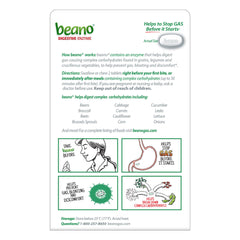 Two Beano tablets beside a meal suggest timing for gas relief.