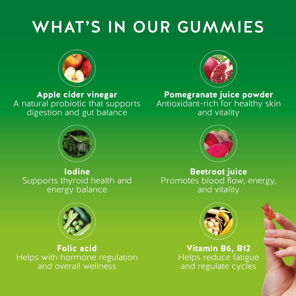 Bears with Benefits Apple Cider Vinegar Gummies ingredients label shows vegan, non-GMO formulation.