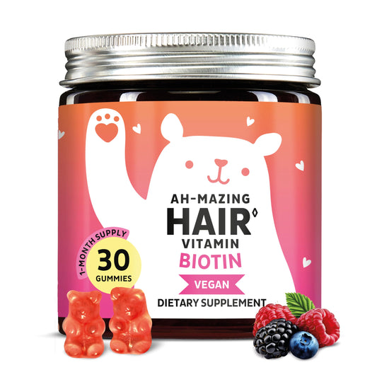 Bears with Benefits biotin gummies bottle showing daily beauty support.