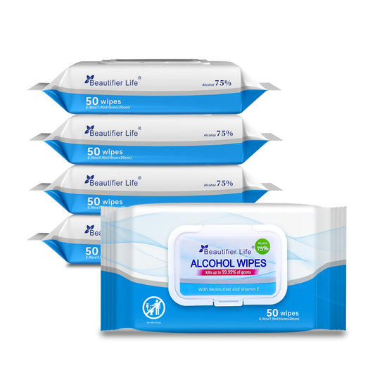 Beautifier Life 75% alcohol wipes pack front for on-the-go cleansing.