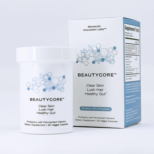 Beautycore supplement bottle front — daily skin and gut support.
