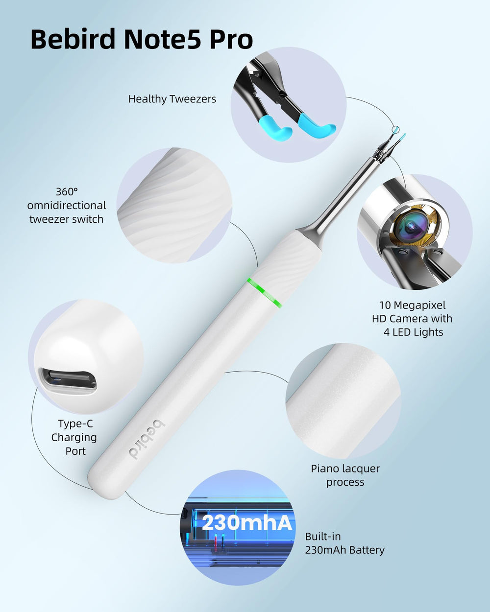 Bebird Pro Note5 Pro visual ear inspection for careful cleaning in tight spots.
