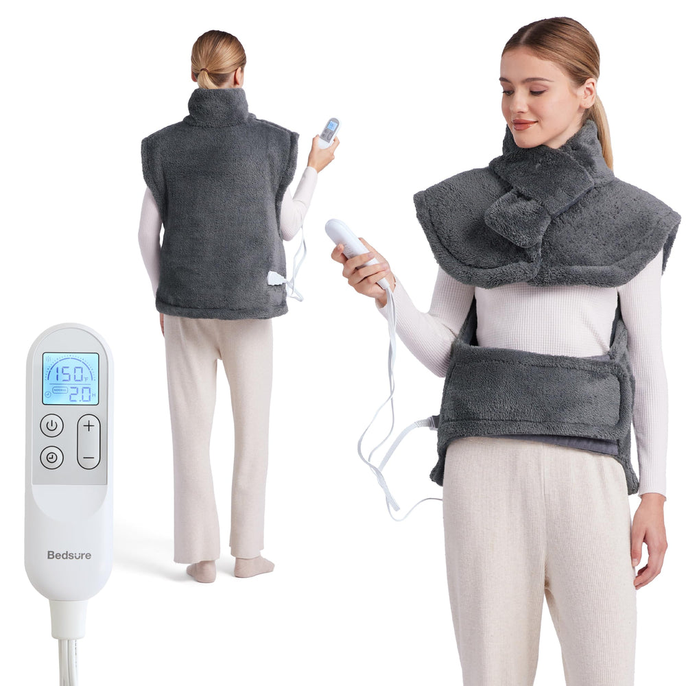 Bedsure heating pad illustrating back and abdomen coverage for all-day comfort.