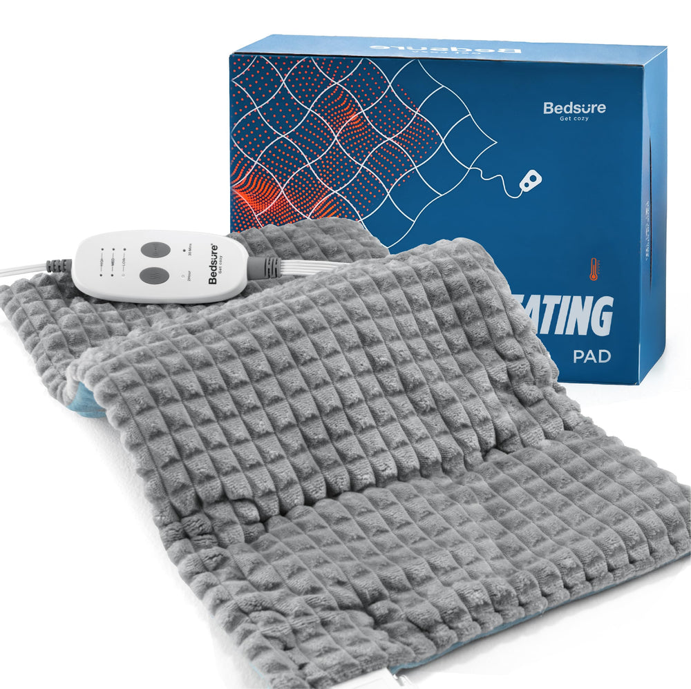 Bedsure weighted heating pad on neck and shoulders for soothing warmth and support.
