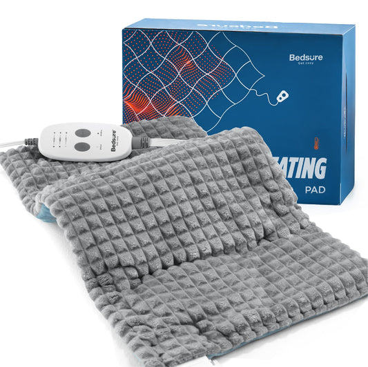 Bedsure weighted heating pad on neck and shoulders for soothing warmth and support.