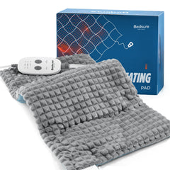 Bedsure weighted heating pad on neck and shoulders for soothing warmth and support.