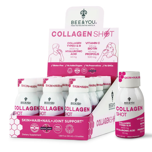 Bee & You collagen shot bottle with pomegranate supports skin vitality and daily wellness