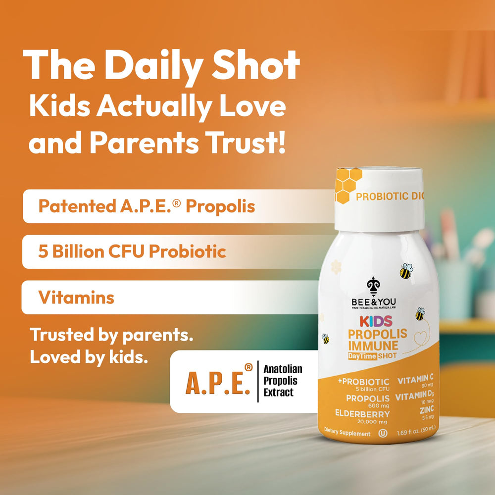 Bee & You Kids Propolis Immune Shot bottle label highlighting probiotic and vitamins for immune support