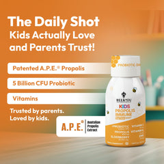 Bee & You Kids Propolis Immune Shot bottle label highlighting probiotic and vitamins for immune support