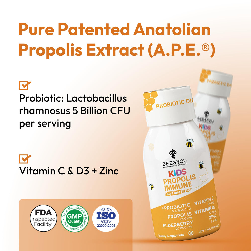 Bee & You Kids Propolis Immune Shot packaging on shelf for family-friendly daily routine