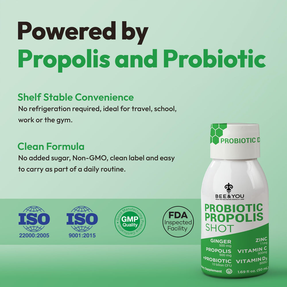 Bee & YOU Propolis Shot with ginger root detail for refreshing zing