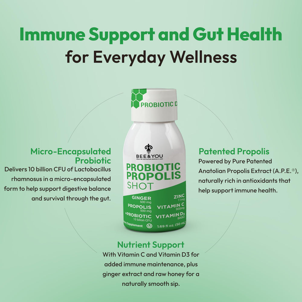 Bee & YOU Propolis Immune Shot label highlights vitamins C and D3
