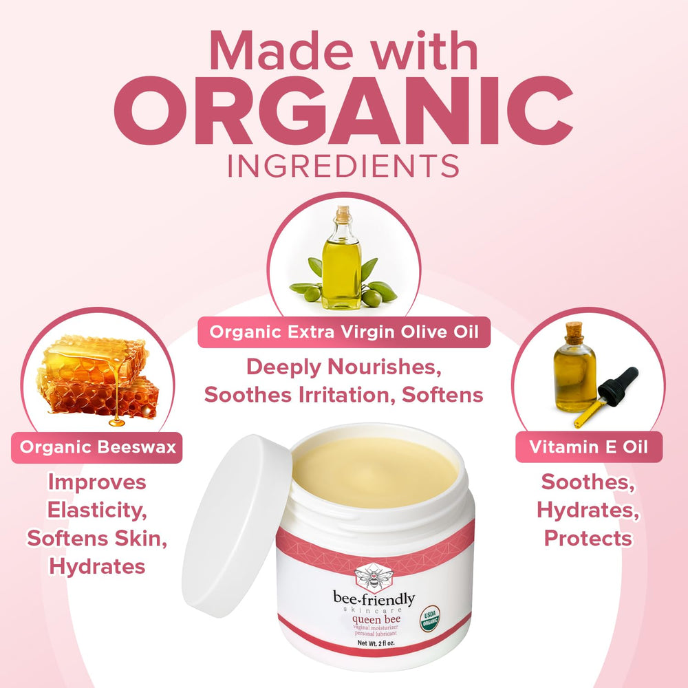 BeeFriendly Organic Vaginal Moisturizer ingredients include olive oil and beeswax for nourishment.