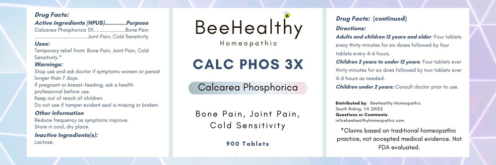 BeeHealthy CalcPhos 3X tablets close-up of active ingredients.