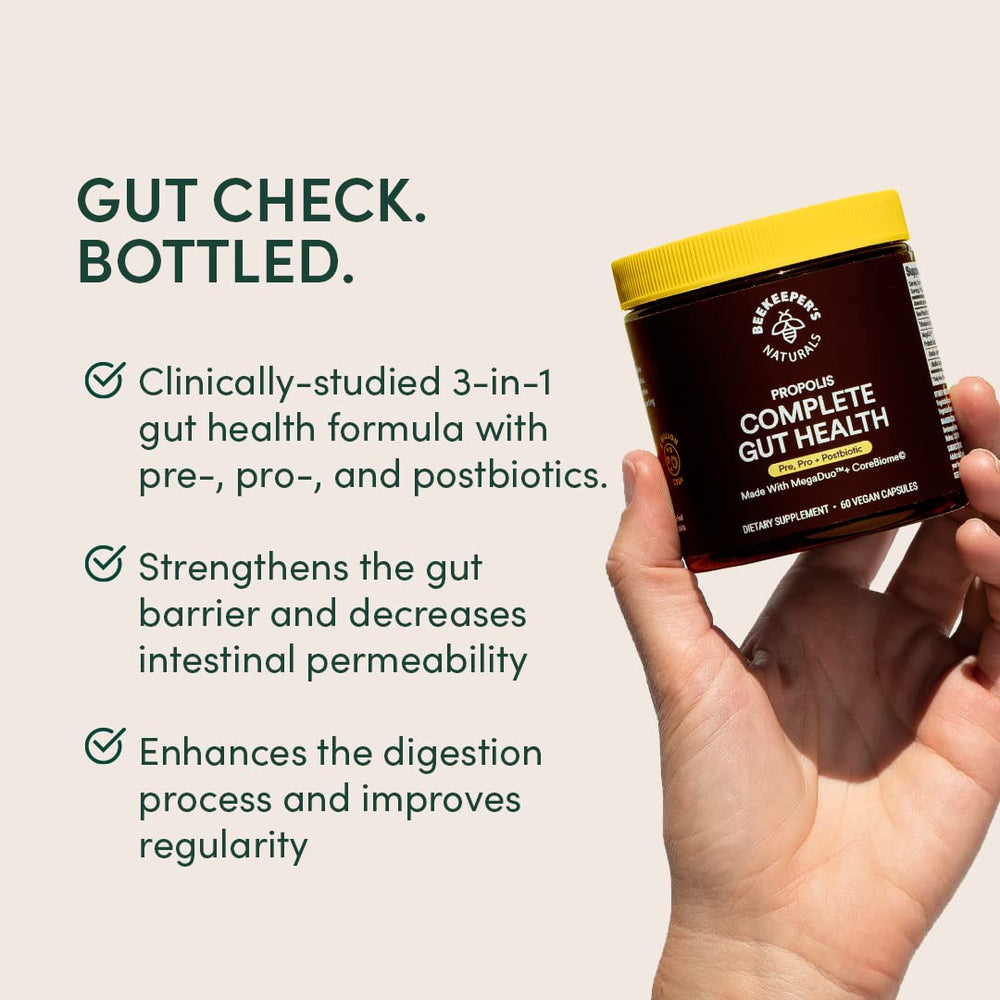 Beekeeper's Naturals Complete Gut Health label closeup emphasizes gluten-free formula.