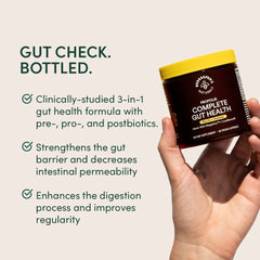 Beekeeper's Naturals Complete Gut Health label closeup emphasizes gluten-free formula.
